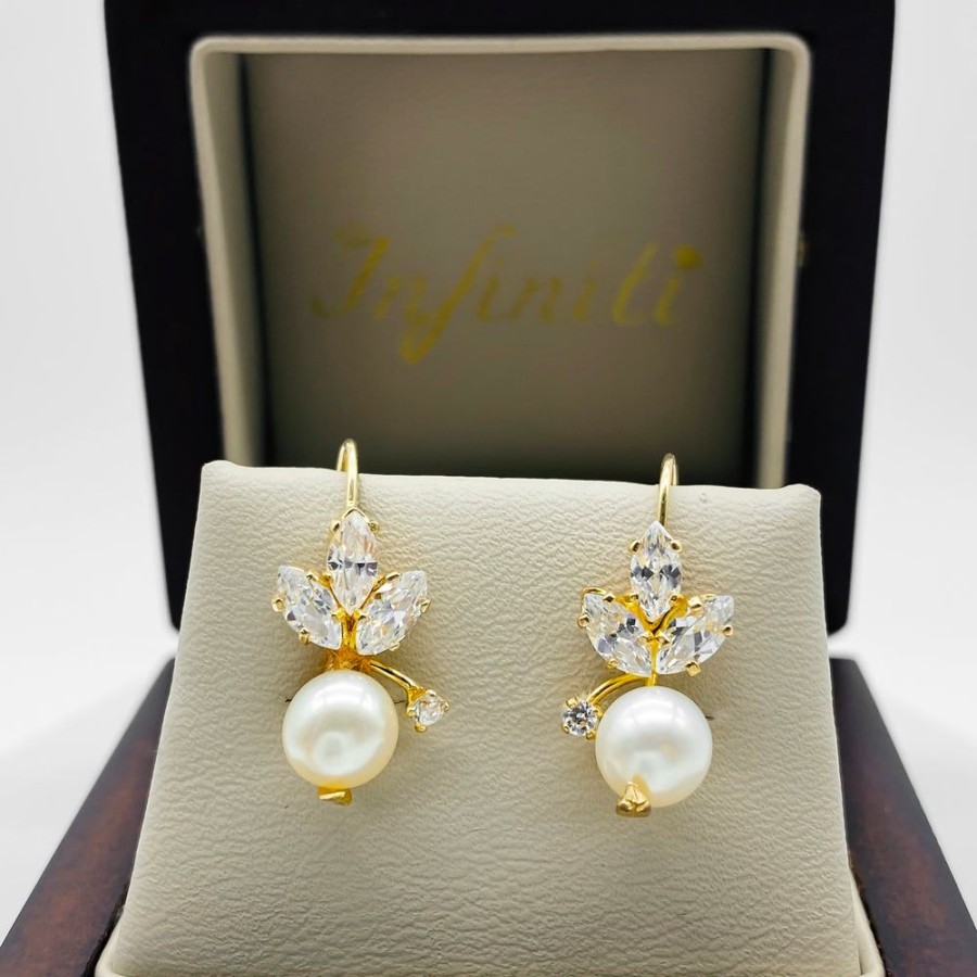 Joyeria Fina Infiniti Joyas Aretes | Aretes Oro 10K, Perla Con Zirconia Marquiz, 1.7 Cm De Alto, Ancho 8 Mm, Oro 10K