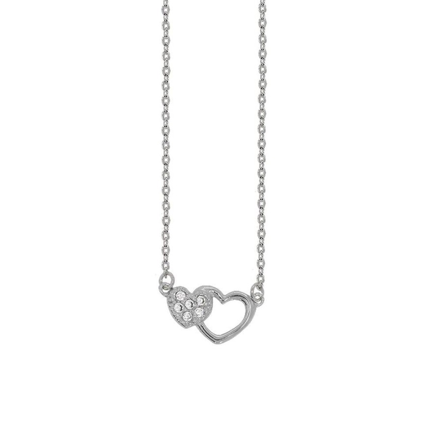 Joyeria Fina Infiniti Joyas Gargantillas | Gargantilla Oro Blanco 14K, Dos Corazones Con Zirconia, Cadena 45 Cm Largo