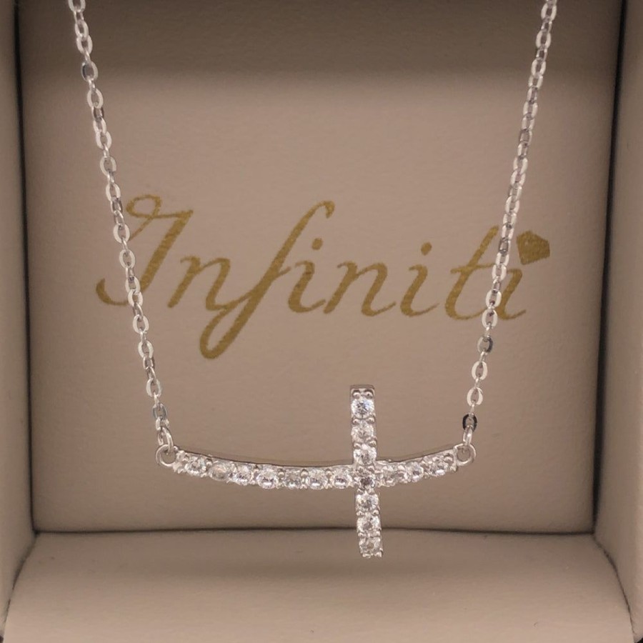 Joyeria Fina Infiniti Joyas Gargantillas | Gargantilla Oro Blanco 14K, Cruz Acostada Con Zirconia, Cadena 45 Cm Largo