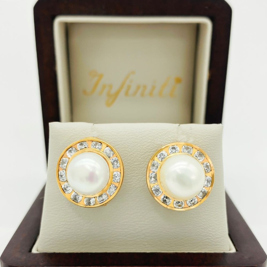 Joyeria Fina Infiniti Joyas Aretes | Arete Oro 10K, Ci­Rculo Con Perla Y Zirconias, 1.4 Cm De Diametro, Oro 10K