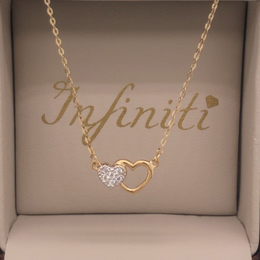 Joyeria Fina Infiniti Joyas Gargantillas | Gargantilla Oro 10K, Con Dije Corazones Con Zirconias, 45 Cm Largo