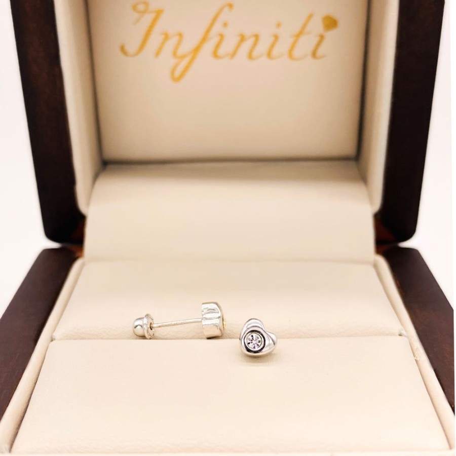 Joyeria Fina Infiniti Joyas Broqueles | Broquel Corazon Con Zirconia, Oro Blanco 10K