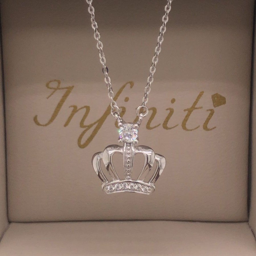 Joyeria Fina Infiniti Joyas Gargantillas | Gargantilla Oro Blanco 10K, Con Dije De Corona Con Zirconias, 45 Cm Largo