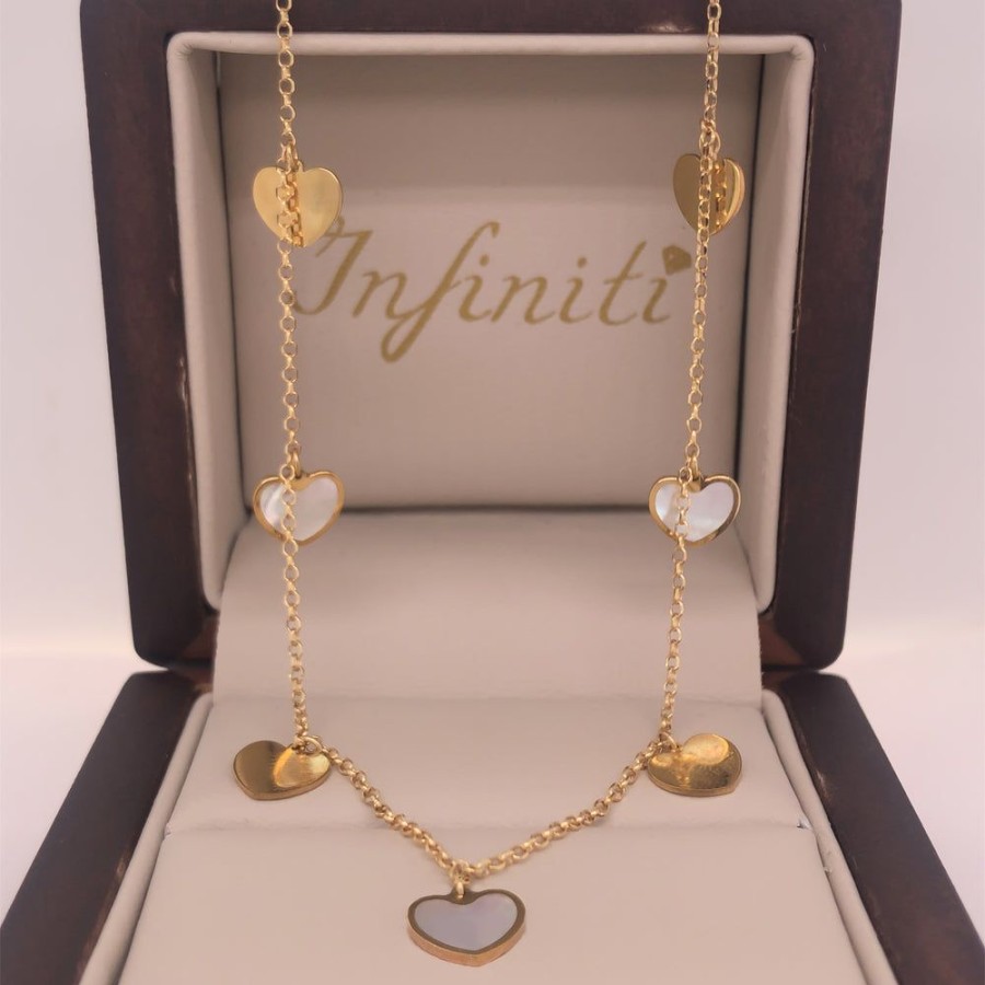 Joyeria Fina Infiniti Joyas Gargantillas | Cadena Oro 10K - Corazones Con Madre Perla, Largo 45 Cm