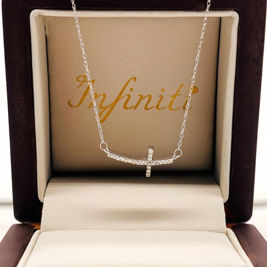 Joyeria Fina Infiniti Joyas Gargantillas | Gargantilla Oro Blanco 10K - Cruz Colgante Con Diamantes, 43 Cm Largo