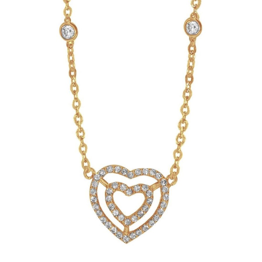 Joyeria Fina Infiniti Joyas Gargantillas | Gargantilla Oro 10K, Con Dije Corazon Doble Con Zirconias, 45 Cm Largo