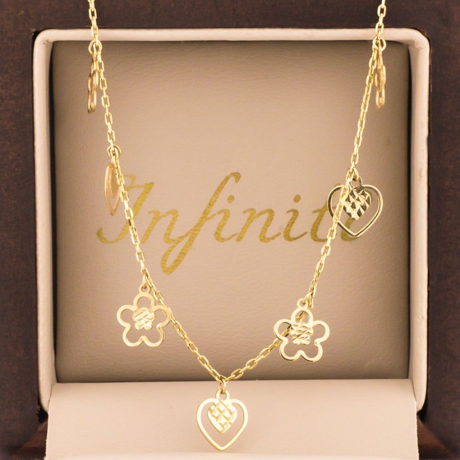 Joyeria Fina Infiniti Joyas Gargantillas | Gargantilla Oro 14K - Flores - Corazones Ajustable 42-45 Cm Largo