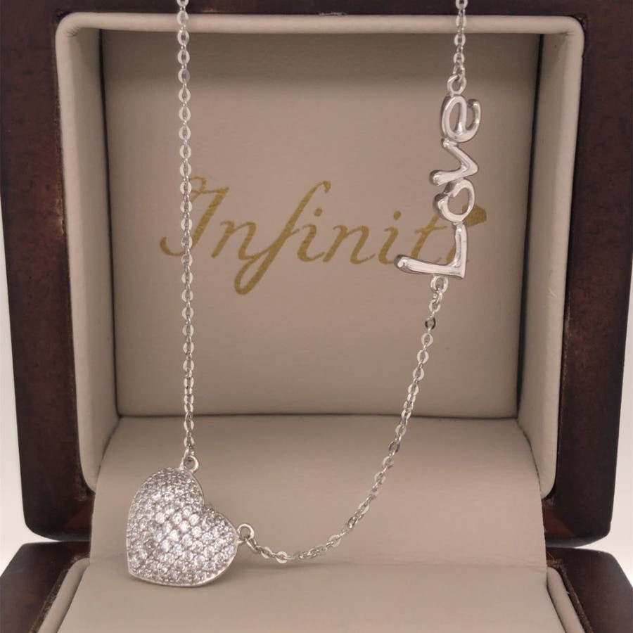 Joyeria Fina Infiniti Joyas Gargantillas | Gargantilla Oro Blanco 14K, Dije Corazon Con Zirconia Y Dije "Love", Cadena 45 Cm Largo