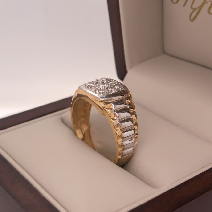 Joyeria Fina Infiniti Joyas Caballero | Anillo Oro 10K - Estilo Rolex Cuadrado Con Zirconias