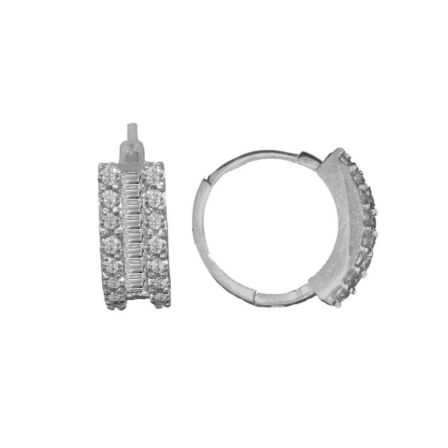 Joyeria Fina Infiniti Joyas Huggies | Arracadas Huggies Oro Blanco 10K, Con Zirconias Baguette Y Redondas, 1.3 Cm Diametro. Ancho 4 Mm