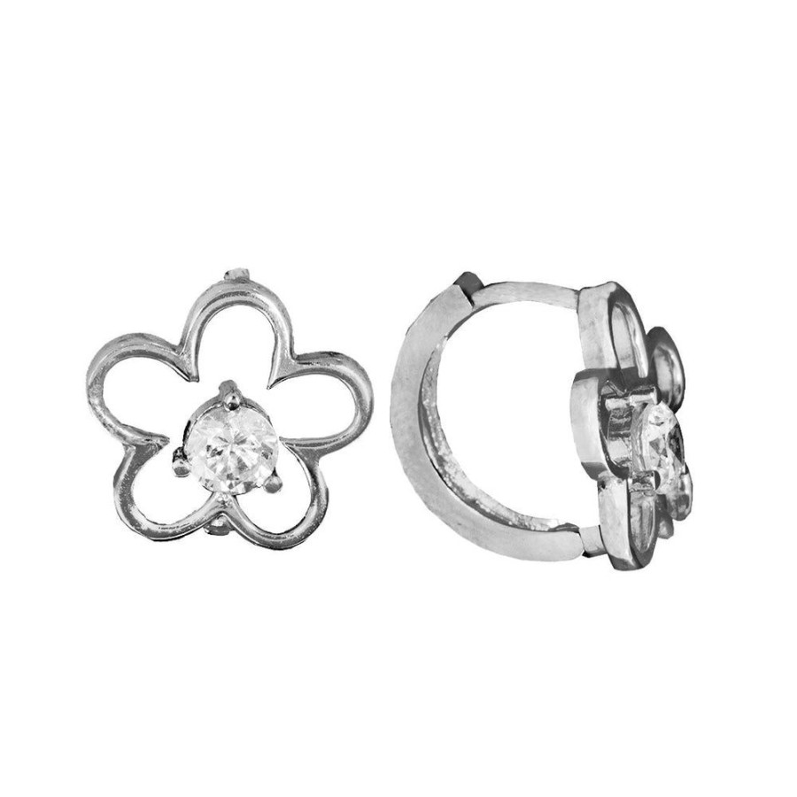 Joyeria Fina Infiniti Joyas Huggies | Arracadas Huggies Oro Blanco 10K, Flor Con Zirconia, 1.3 Cm Diametro, Oro Blanco 10K