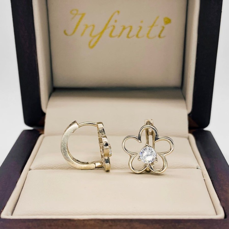 Joyeria Fina Infiniti Joyas Huggies | Arracadas Huggies Oro Blanco 10K, Flor Con Zirconia, 1.3 Cm Diametro, Oro Blanco 10K