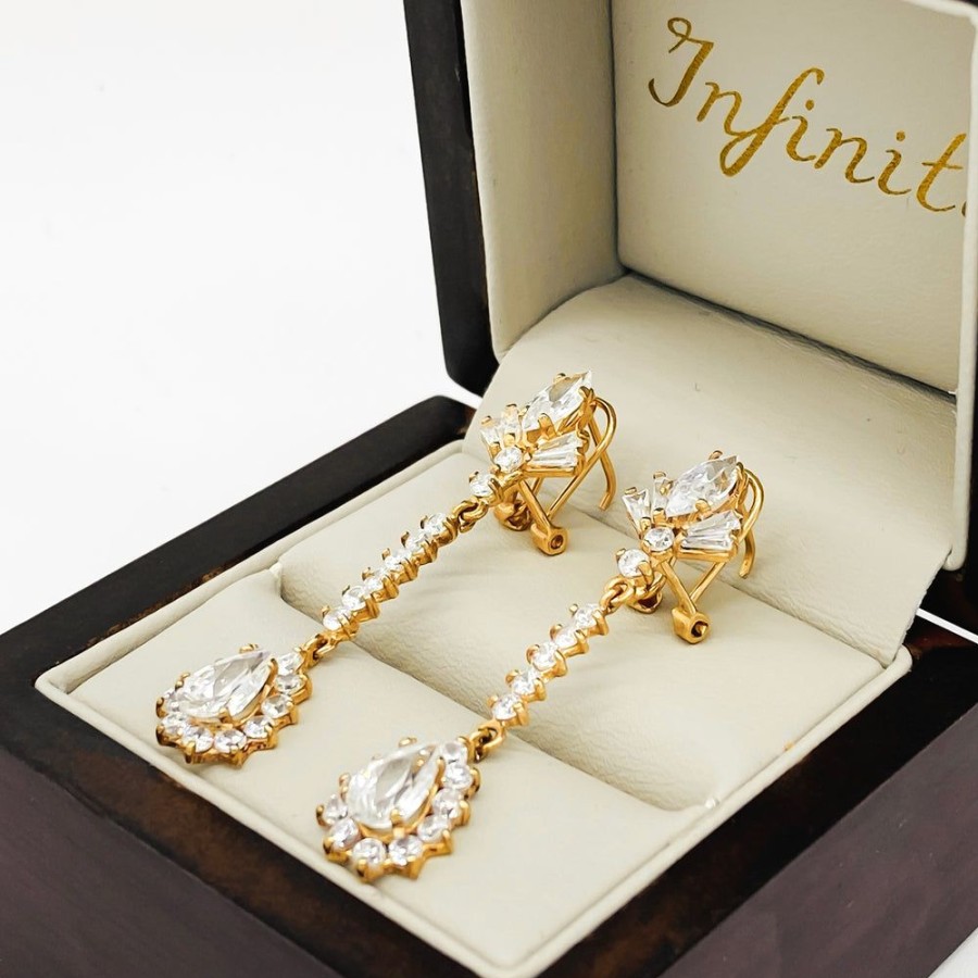 Joyeria Fina Infiniti Joyas Aretes | Arete Gota Oro 10K, Con Zirconias Baguette Y Redondas, 4.5 Cm De Alto, Oro 10K