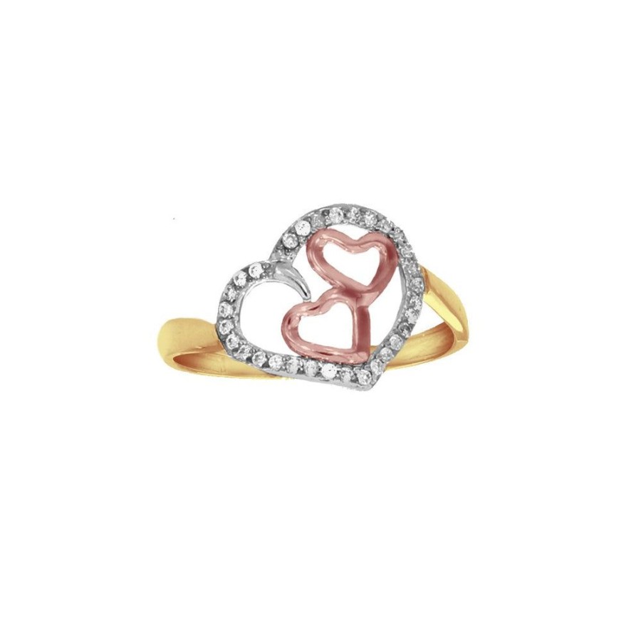 Joyeria Fina Infiniti Joyas Anillos Varios | Anillo Oro 10K, En Forma De Corazon Con Zirconias Y Oro Florentino 10K