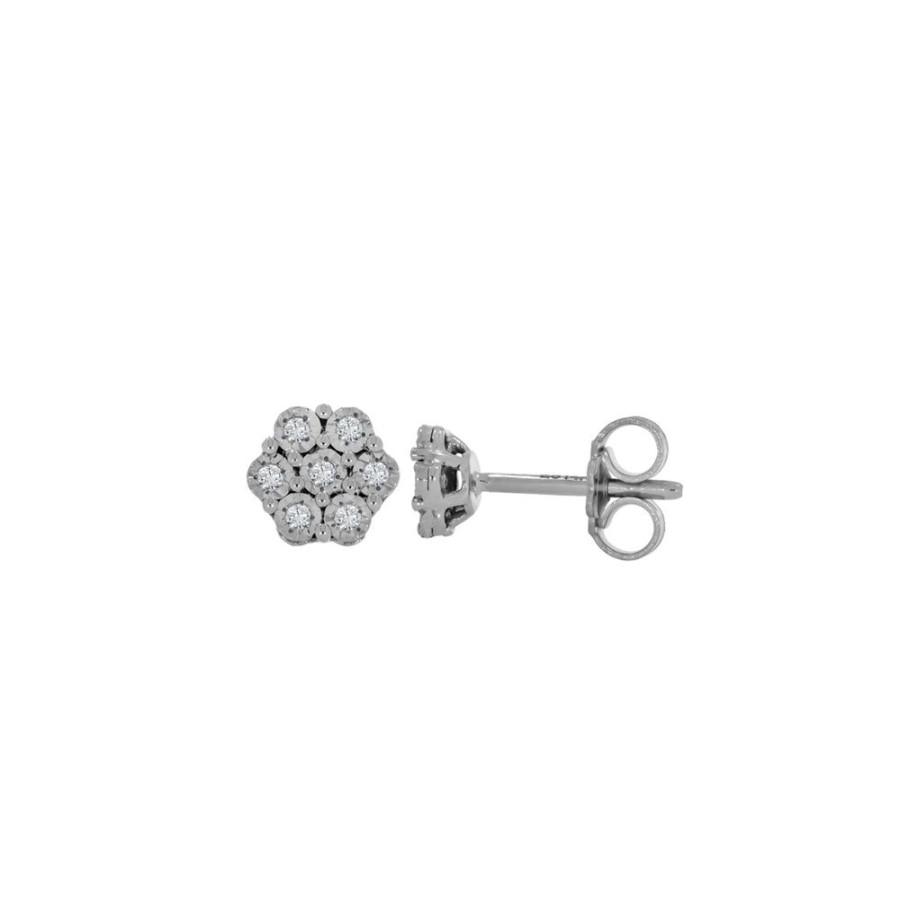 Joyeria Fina Infiniti Joyas Broqueles | Broquel Oro Blanco 14K - Flor Con Diamantes Con Un Peso Total De 6 Puntos