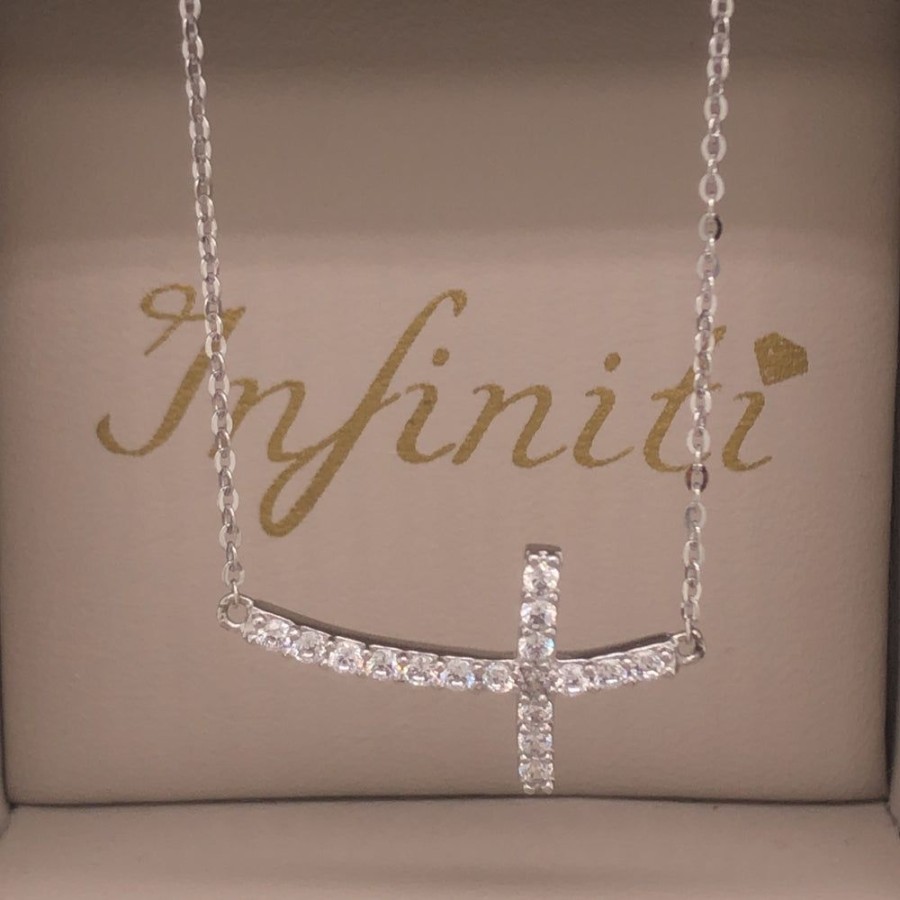 Joyeria Fina Infiniti Joyas Gargantillas | Gargantilla Oro Blanco 10K, Con Dije Cruz Con Zirconias, 45 Cm Largo