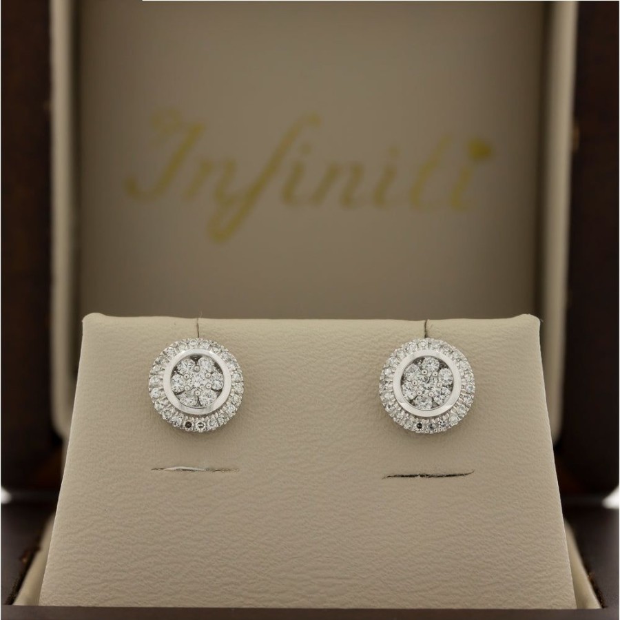 Joyeria Fina Infiniti Joyas Broqueles | Broqueles Oro Blanco 14K - Halo De Diamantes De 36 Puntos Totales