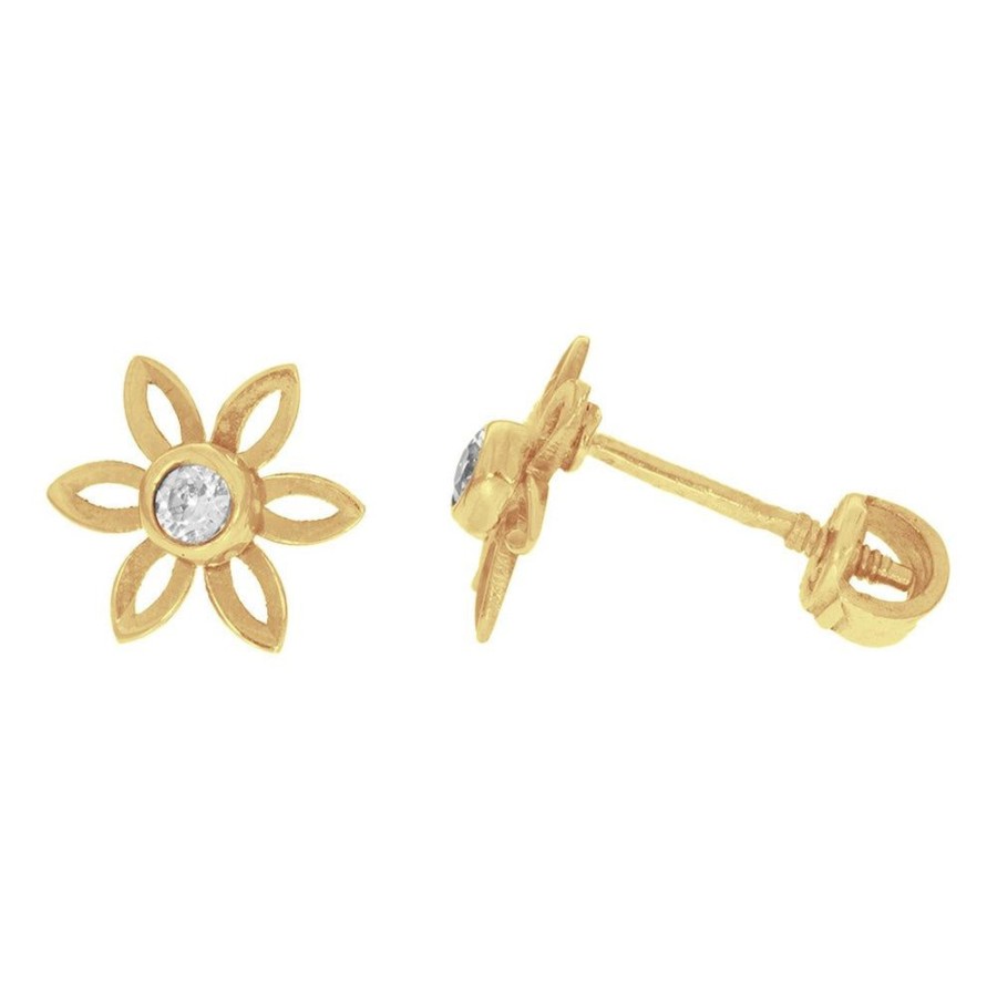 Joyeria Fina Infiniti Joyas Broqueles | Broquel Flor Calada Con Zirconias, Oro 10K