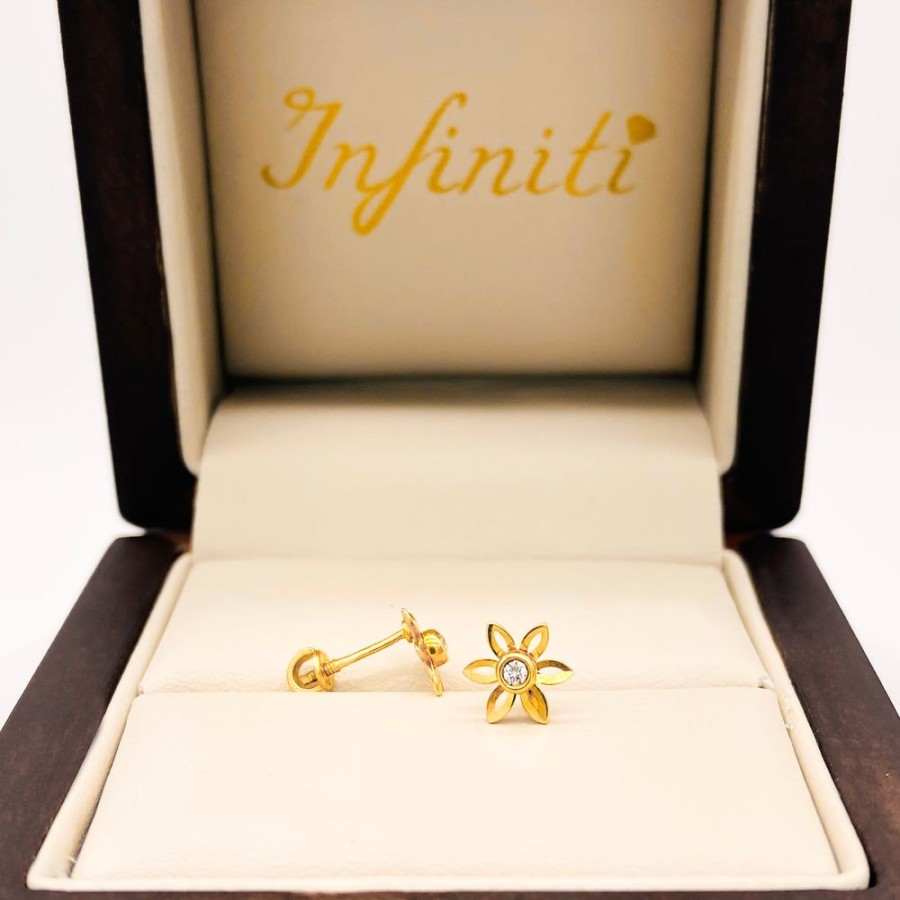 Joyeria Fina Infiniti Joyas Broqueles | Broquel Flor Calada Con Zirconias, Oro 10K