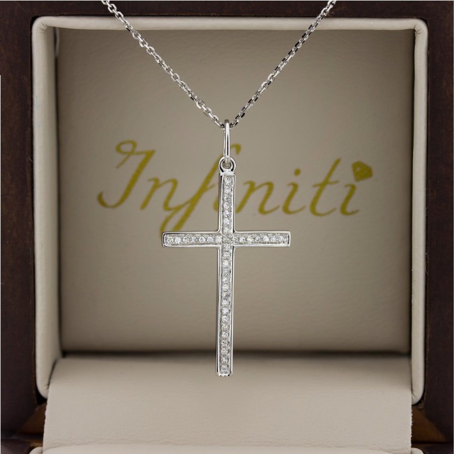 Joyeria Fina Infiniti Joyas Gargantillas | Gargantilla Blanco Oro 14K - Cruz Con Diamantes De 11 Puntos Totales