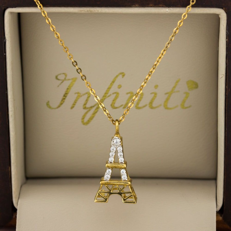 Joyeria Fina Infiniti Joyas Gargantillas | Gargantilla Oro 10K, Con Dije Torre Eiffel Con Zirconias, 45 Cm Largo