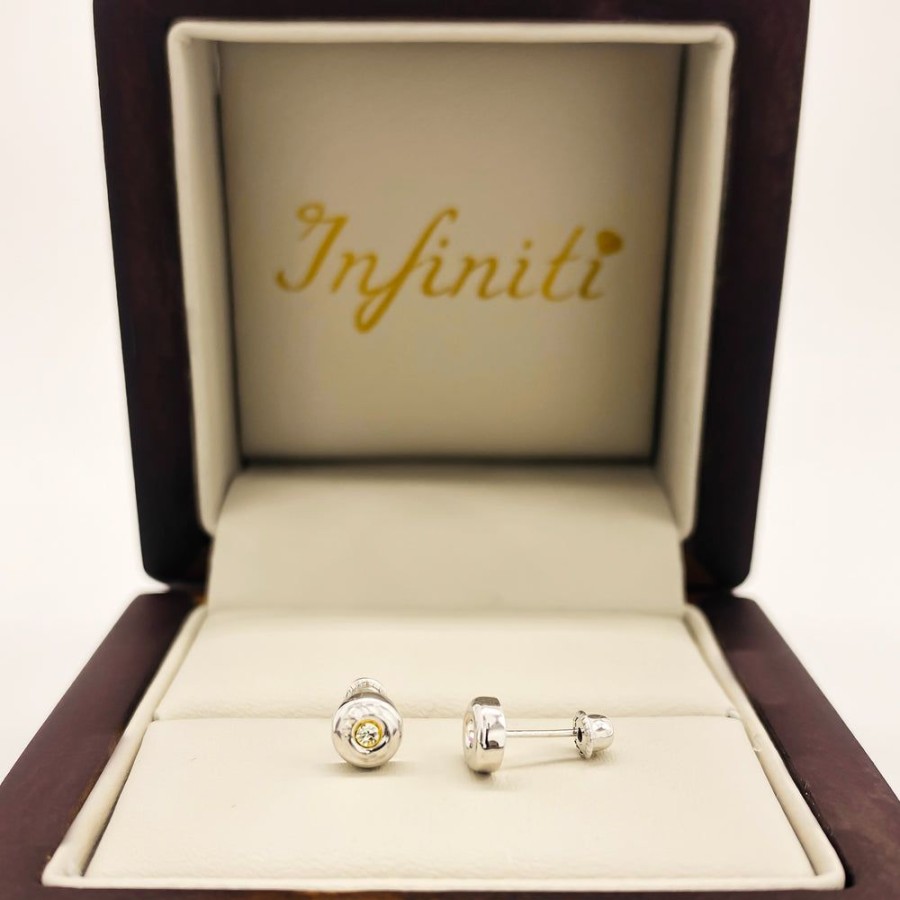 Joyeria Fina Infiniti Joyas Broqueles | Broquel Ci­Rculo Con Zirconia, Oro Blanco 10K