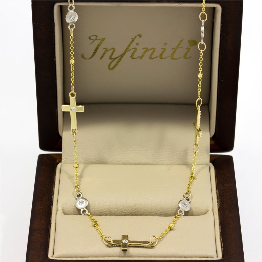 Joyeria Fina Infiniti Joyas Gargantillas | Gargantilla Oro 10K - Cruces Y Zirconias, Largo 45 Cm