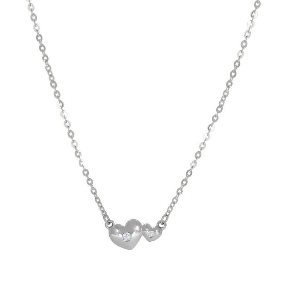 Joyeria Fina Infiniti Joyas Gargantillas | Gargantilla Oro Blanco 14K, Par De Corazones Con Zirconia, Cadena 45 Cm Larg