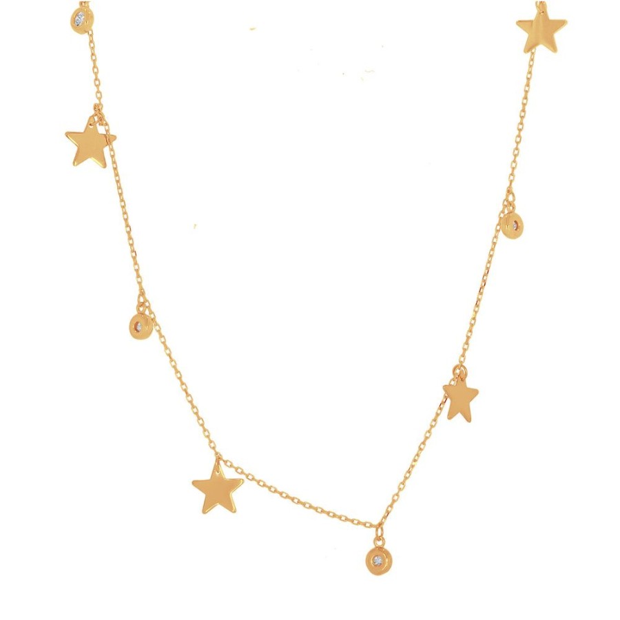 Joyeria Fina Infiniti Joyas Gargantillas | Cadena Oro 14K - Estrellas Y Zirconias Colgando, Largo 45 Cm