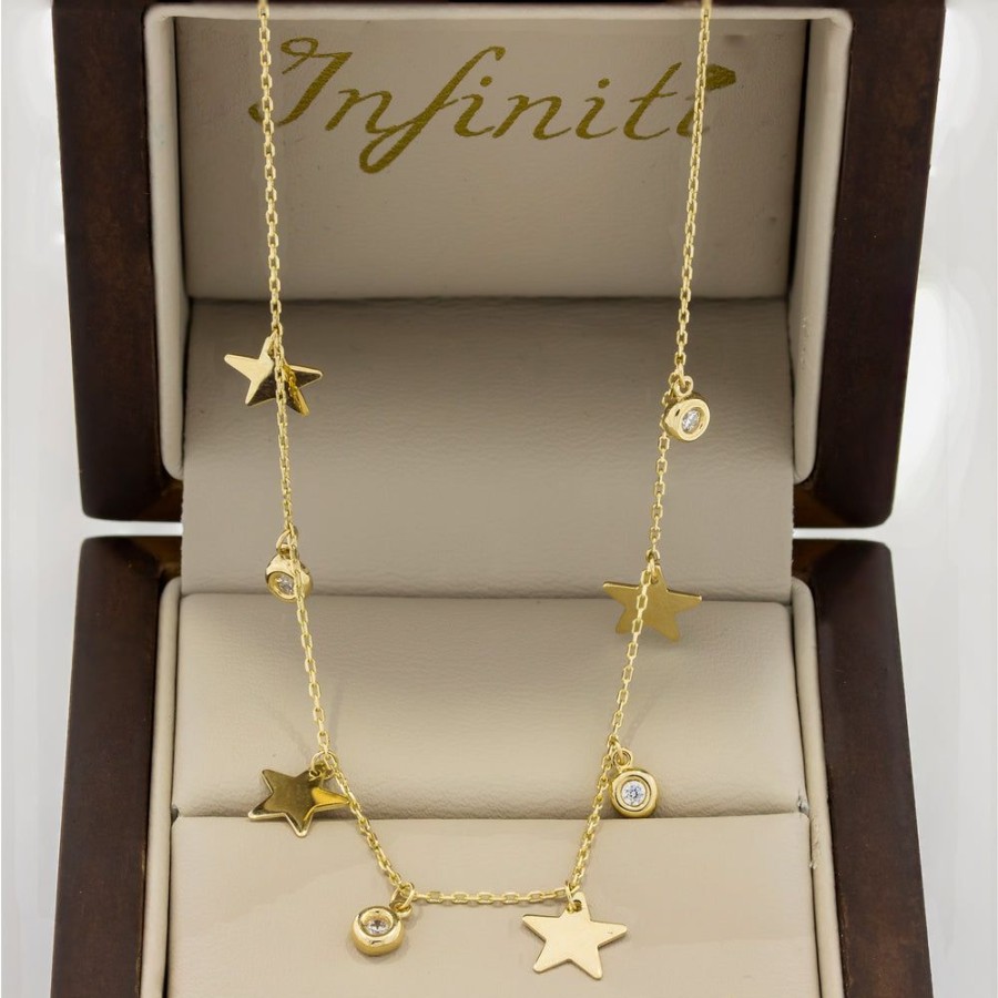 Joyeria Fina Infiniti Joyas Gargantillas | Cadena Oro 14K - Estrellas Y Zirconias Colgando, Largo 45 Cm