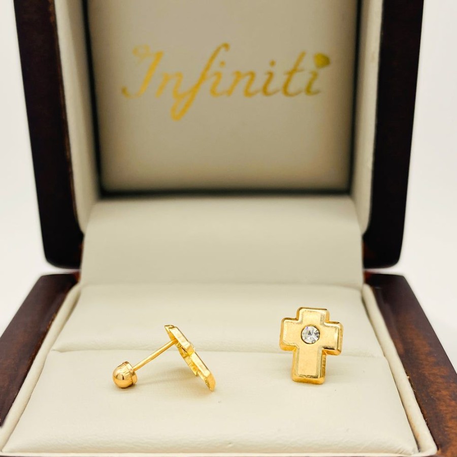 Joyeria Fina Infiniti Joyas Broqueles | Broquel Cruz Con Zirconia, Oro 10K