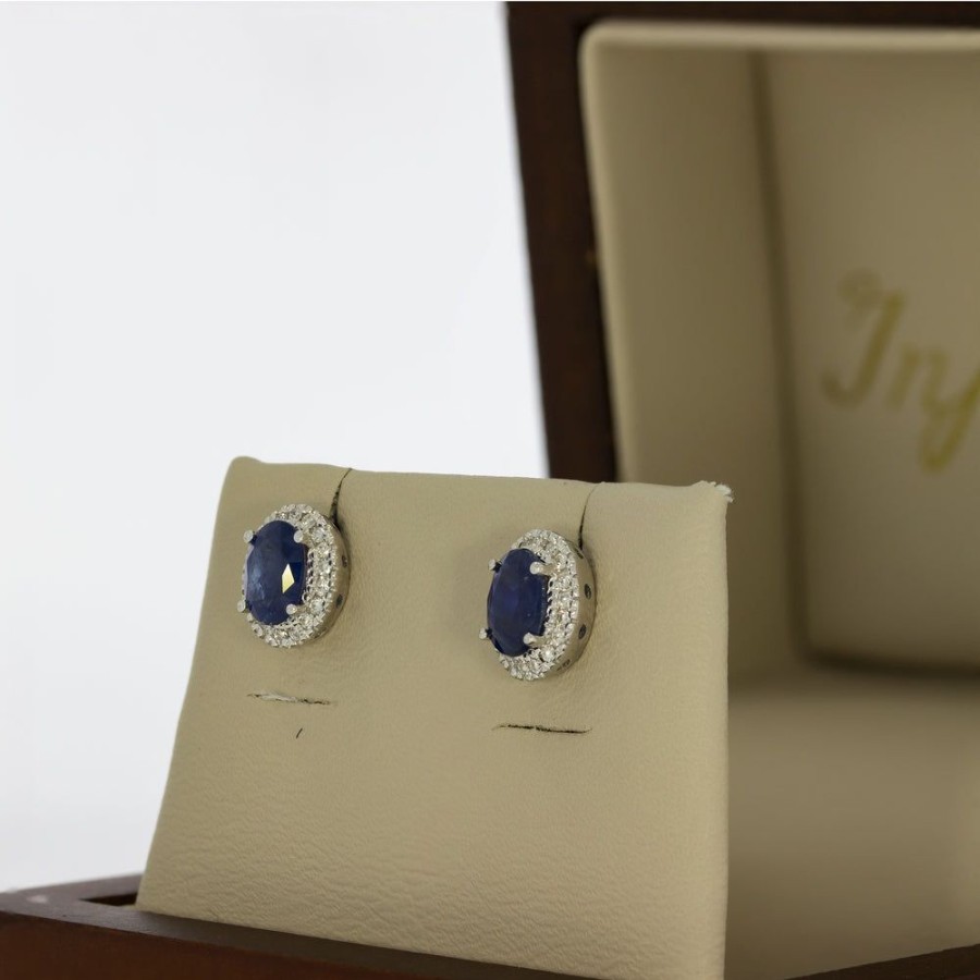 Joyeria Fina Infiniti Joyas Aretes | Aretes Oro Blanco 10K - Halo Zafiro 1.2 Ct Con Diamante Natural De 0.12 Ctw