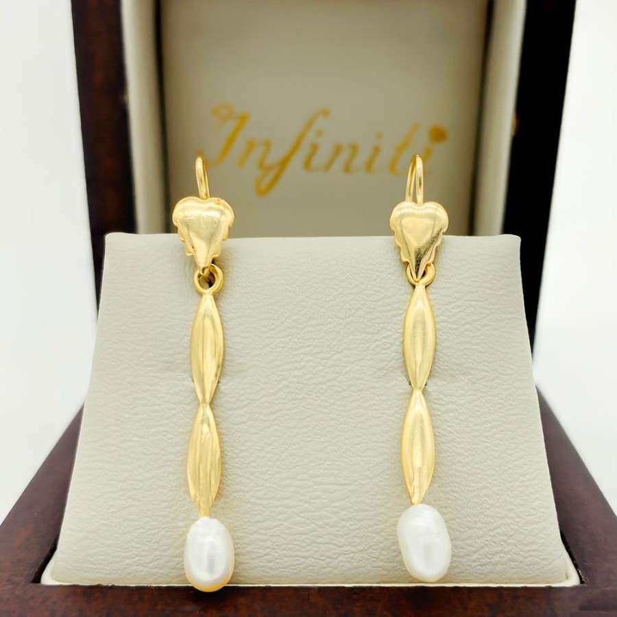 Joyeria Fina Infiniti Joyas Aretes | Aretes Oro 10K, Hojas Con Perla, 3.6 Cm De Alto, Oro 10K