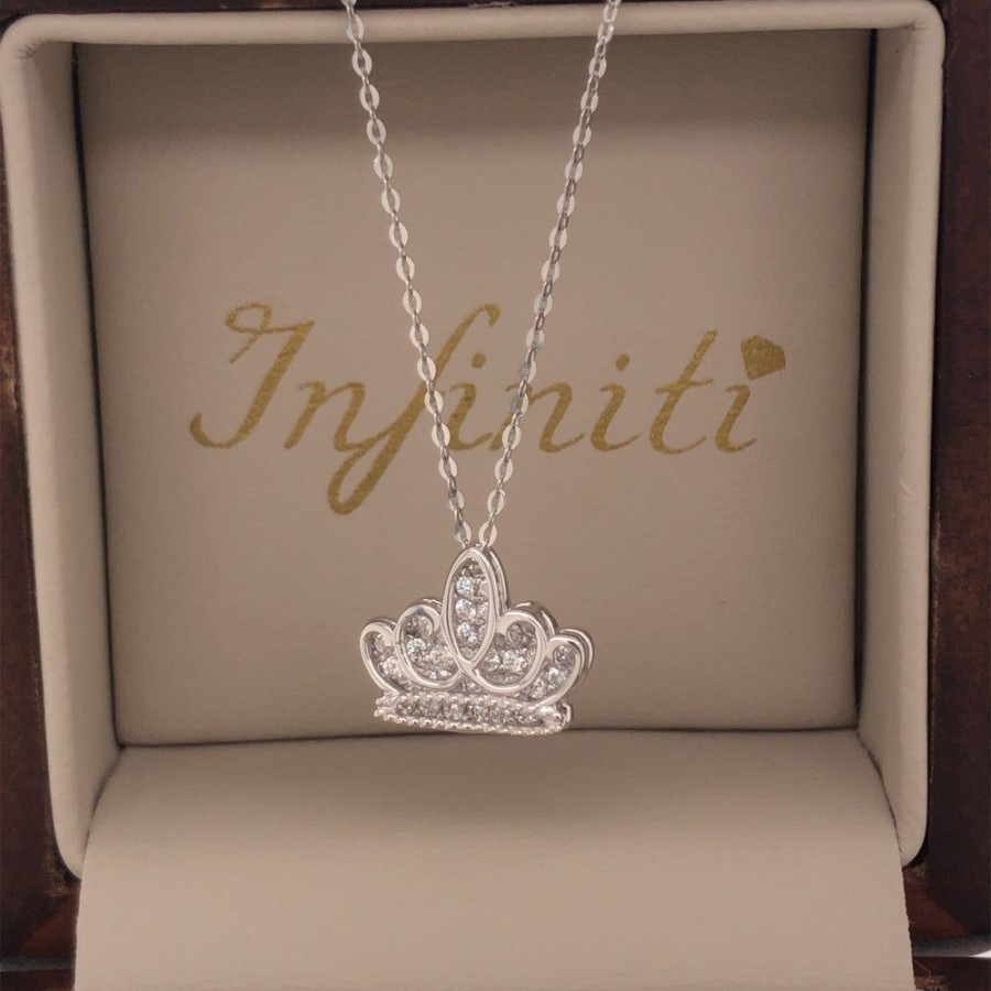 Joyeria Fina Infiniti Joyas Gargantillas | Gargantilla Oro Blanco 10K, Corona Con Zirconias, Cadena 45 Cm Largo