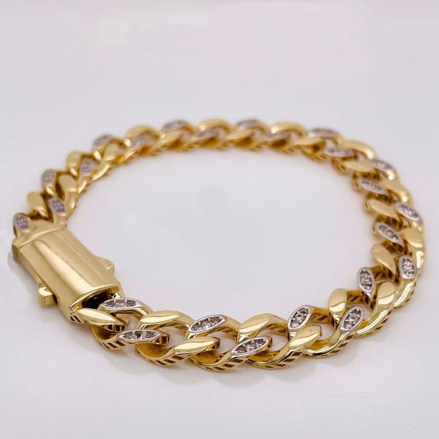 Joyeria Fina Infiniti Joyas Caballero | Pulso Oro 14K - Barbado Con Zirconias 9 Mm Ancho, 20 Cm Largo