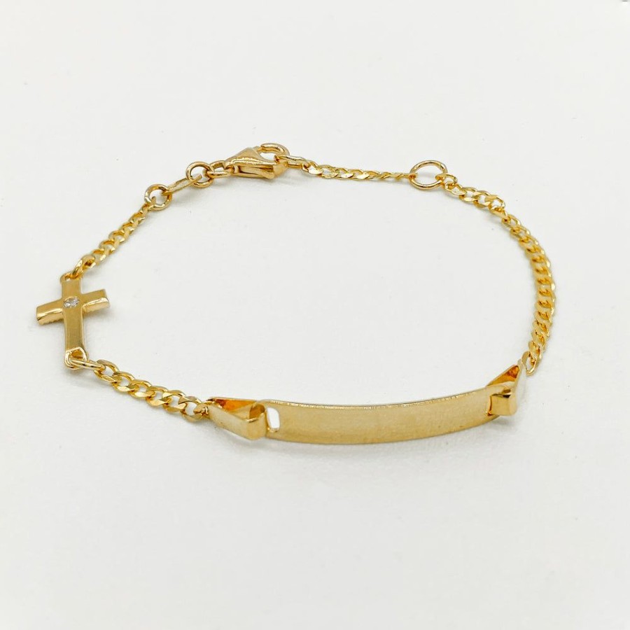 Joyeria Fina Infiniti Joyas Nino & Bebe | Esclava Oro 14K - Placa Con Cruz, Ajustable De 12 A 14 Cm