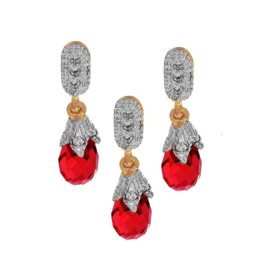 Joyeria Fina Infiniti Joyas Juegos | Juego Oro 10K - Gota De Piedra Color Coral Aretes Y Dije