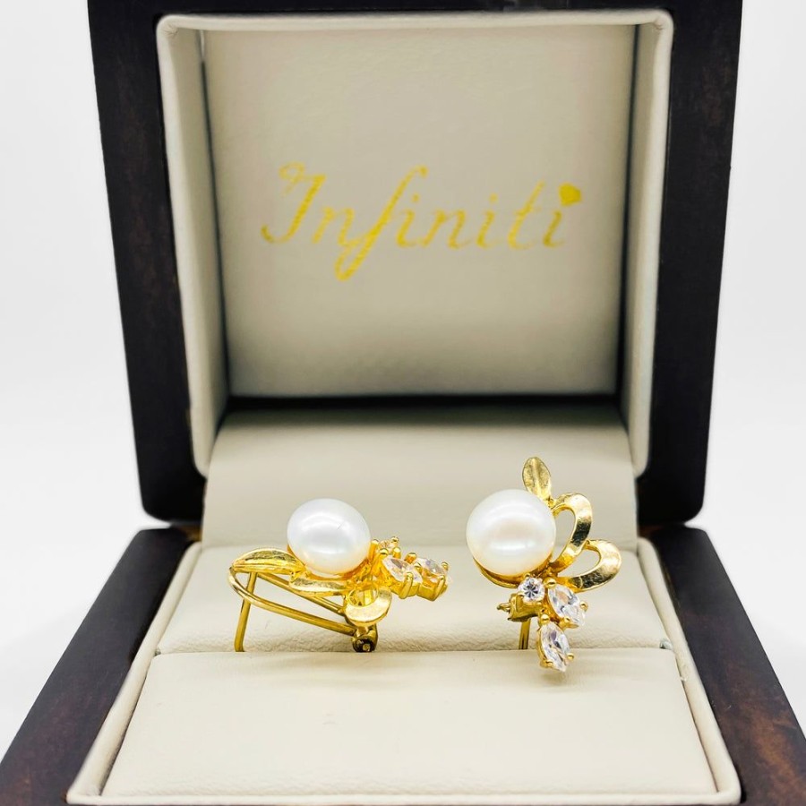 Joyeria Fina Infiniti Joyas Aretes | Aretes Oro 10K, Perla Con Zirconia Marquiz Y Redonda , 1.9 Cm De Alto, Oro 10K