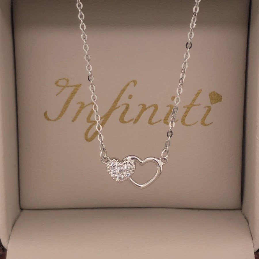 Joyeria Fina Infiniti Joyas Gargantillas | Gargantilla Oro Blanco 10K 45 Cm De Largo, Con Dije Corazones Con Zirconias