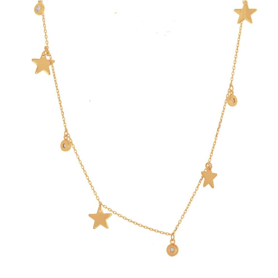 Joyeria Fina Infiniti Joyas Gargantillas | Cadena Oro 10K - Estrellas Y Zirconias Colgando, Largo 45 Cm