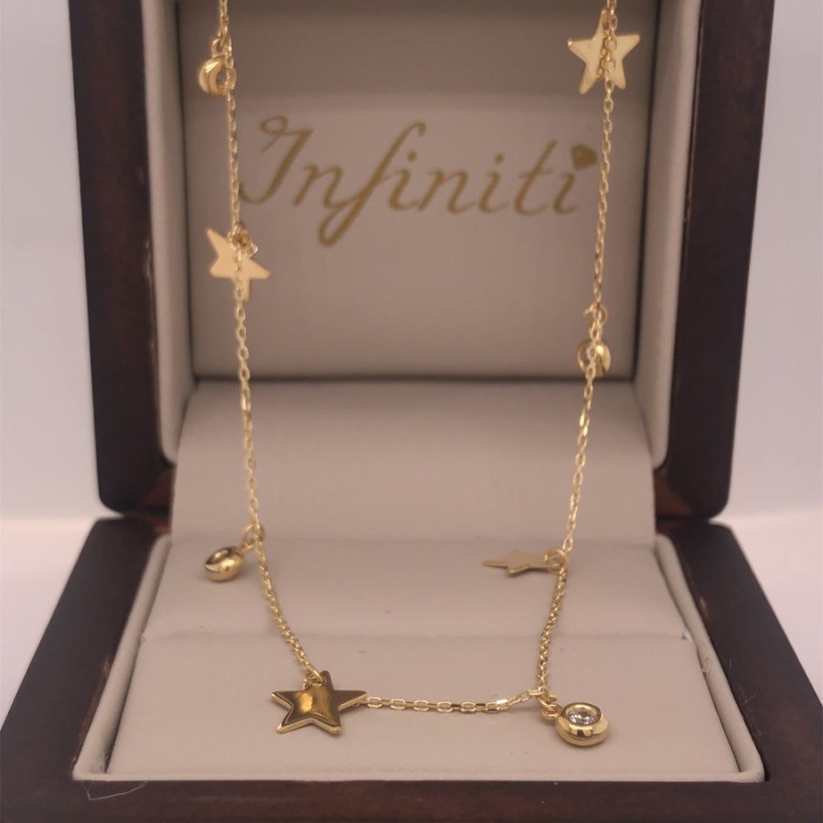 Joyeria Fina Infiniti Joyas Gargantillas | Cadena Oro 10K - Estrellas Y Zirconias Colgando, Largo 45 Cm