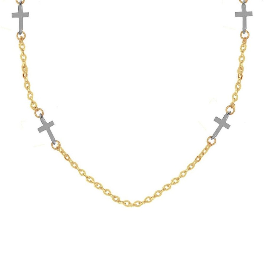 Joyeria Fina Infiniti Joyas Gargantillas | Gargantilla Oro 10K, Con Dijes De Cruces Lisa Oro Blanco, 45 Cm Largo