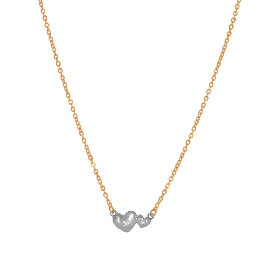 Joyeria Fina Infiniti Joyas Gargantillas | Gargantilla Oro 14K, Par De Corazones Con Zirconia, Cadena 45 Cm Largo