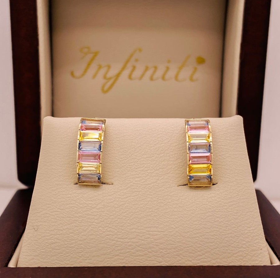 Joyeria Fina Infiniti Joyas Huggies | Huggies Oro 10K - Baguettes De Diferentes Colores