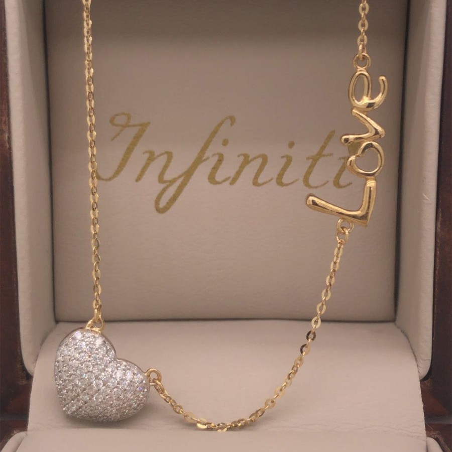 Joyeria Fina Infiniti Joyas Gargantillas | Gargantilla Oro 10K, Con Dijes Corazon Y Love, 45 Cm De Largo