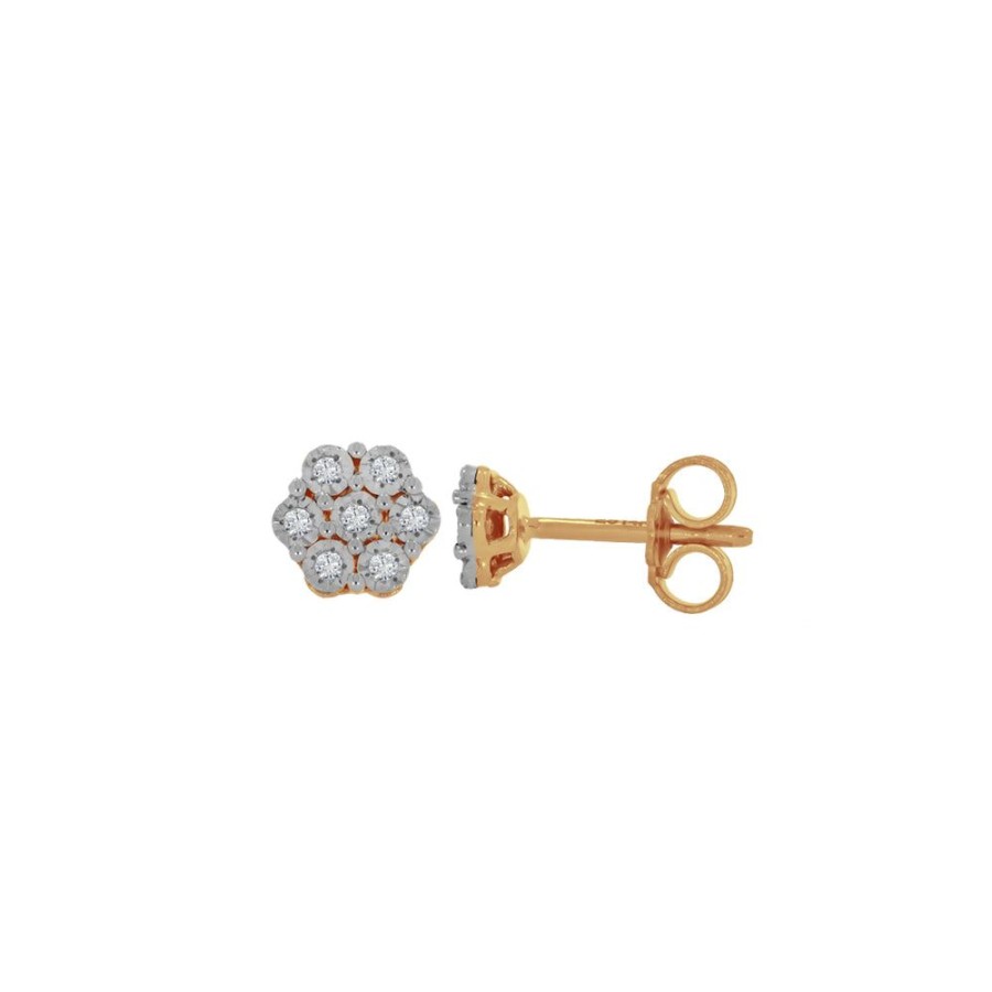 Joyeria Fina Infiniti Joyas Broqueles | Broquel Oro 14K - Flor Con Diamantes Con Un Peso Total De 6 Puntos