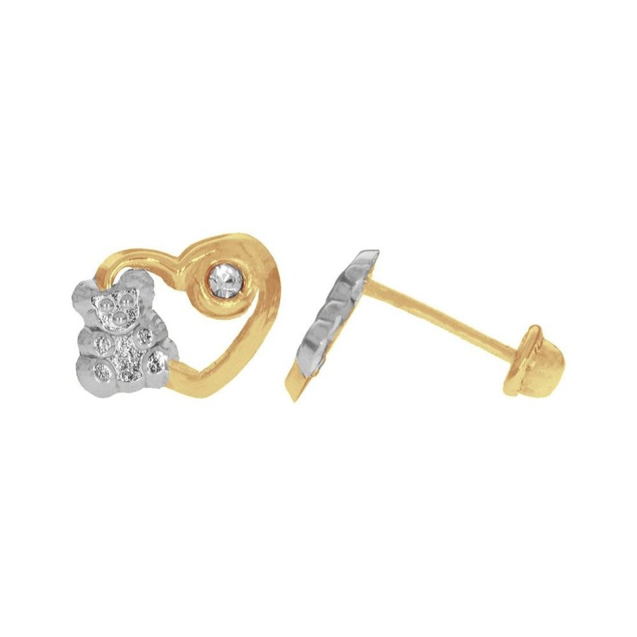 Joyeria Fina Infiniti Joyas Broqueles | Broquel Corazon Y Oso, Oro 10K