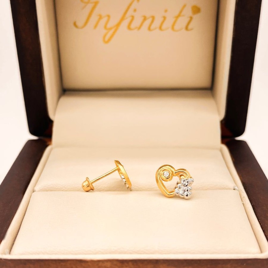 Joyeria Fina Infiniti Joyas Broqueles | Broquel Corazon Y Oso, Oro 10K