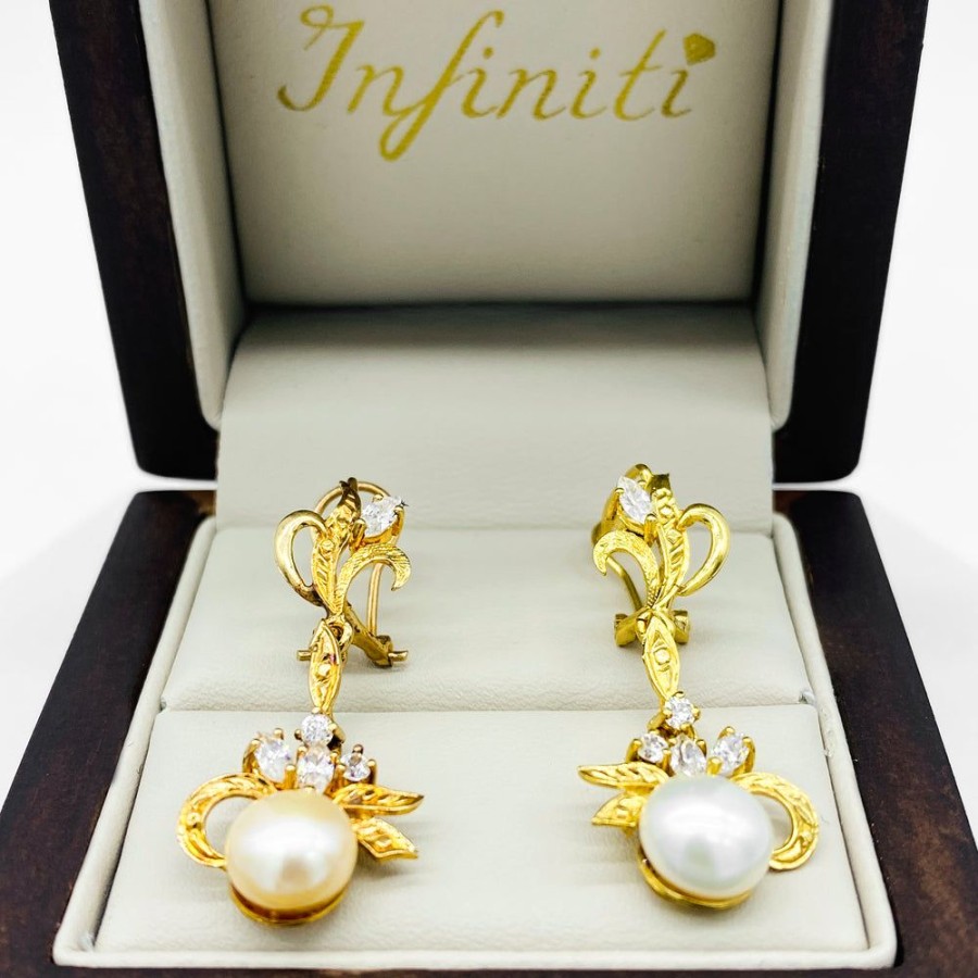 Joyeria Fina Infiniti Joyas Aretes | Aretes Hojas Con Perlas Y Zirconias, 3.3 Cm De Alto, Ancho 14 Mm, Oro 10K