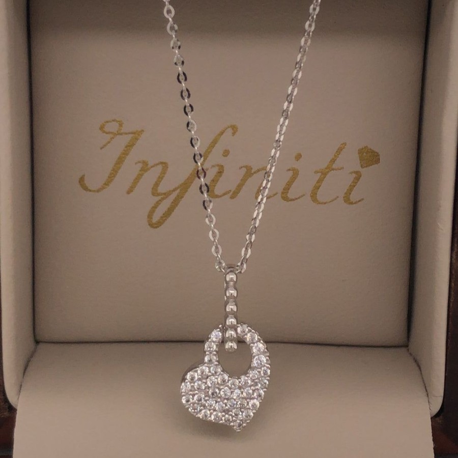 Joyeria Fina Infiniti Joyas Gargantillas | Gargantilla Oro Blanco 14K, Corazon Con Zirconias, Largo 45 Cm